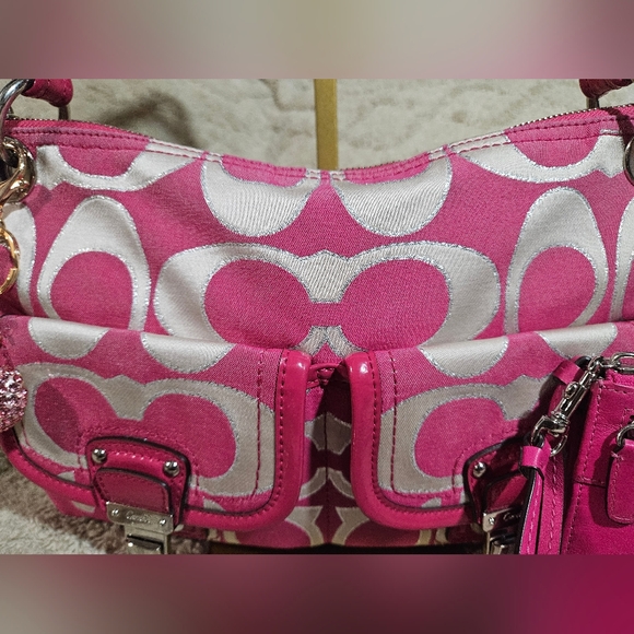 💖Coach Pink, Silver and White Shoulder Bag SET w/Wallet, Cherry Charm & Hanger - Picture 7 of 16